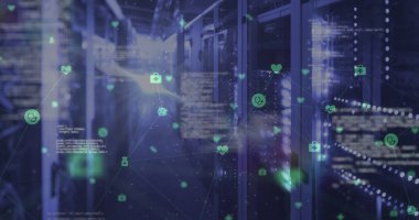 Sunucu odasındaki veri işleme ve bağlantı ağının resmi. Küresel teknoloji, bilgisayar ve dijital arayüz kavramı dijital olarak oluşturulmuş görüntü.