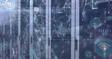 Image of data processing and network of connections over server room. Global technology, computing and digital interface concept digitally generated image.