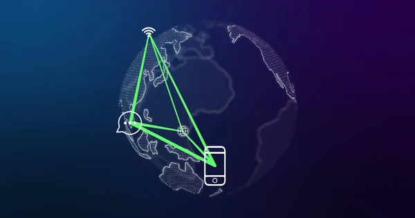 Imagem Smartphone Conexões Com Ícones Tecnologia Todo Mundo Fundo Marinha — Fotografia de Stock