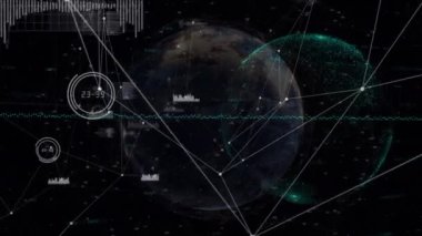 Karanlık arka planda bağlantı ağının ve veri işleme ağının animasyonu. küresel bağlantılar, veri işleme ve dijital arayüz konsepti dijital olarak oluşturulmuş video.