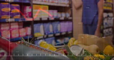 Alışveriş arabasında finansal veri işleme animasyonu. Küresel alışveriş, iş, finans, veri işleme ve dijital arayüz kavramı dijital olarak oluşturulmuş video.