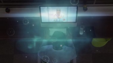 Animation of connections over african american man having video call on laptop. Network, connections, communication and technology concept digitally generated video.