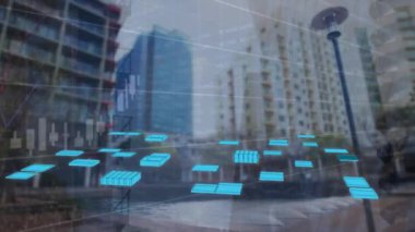 Şehir manzarası üzerinde 3D şehir modelinin animasyonu. küresel mühendislik, bağlantılar ve dijital arayüz konsepti dijital olarak oluşturulmuş video.