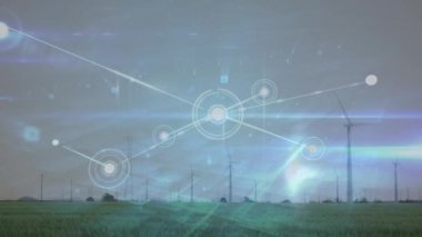 Rüzgar türbinleri üzerinden bağlantı ağının animasyonu. Küresel çevre, yeşil enerji ve bağlantılar dijital olarak oluşturulmuş video konsepti.