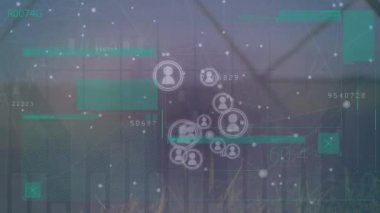 Kullanıcı simgelerinin dijital ekranda, grafiklerde ve elektrik direklerinde canlandırılması. Dijital olarak oluşturulan küresel ağ, bağlantılar, finans ve teknoloji konsepti.