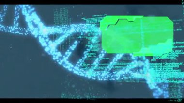 3D DNA iplikçikleri üzerinde yeşil ekranlı veri işleme animasyonu. küresel bilim, hesaplama, veri işleme ve dijital arayüz kavramı dijital olarak oluşturulmuş video.