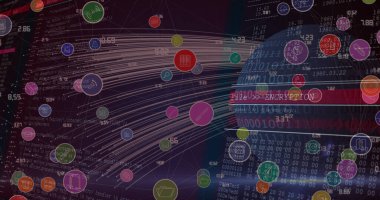 Dünya ve veri işleme üzerindeki simgelerle bağlantı ağının resmi. Küresel bağlantılar, hesaplama ve dijital arayüz konsepti dijital olarak oluşturuldu.