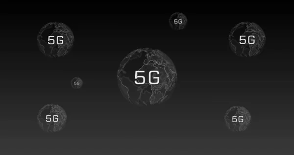Image of rotating globes and 5g on black background. Network, connections, communication and technology concept digitally generated image.
