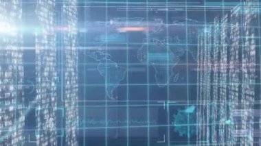 Dünya haritasında ışıkların ve veri işlemenin animasyonu. veri işleme ve teknoloji konsepti dijital olarak oluşturulmuş video.