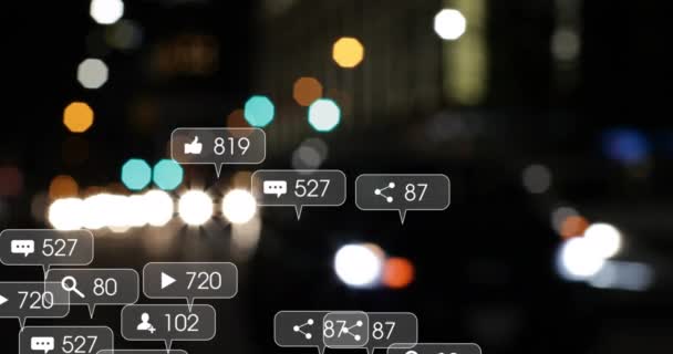 Animation Social Media Icons Numbers Out Focus City Lights Global — Αρχείο Βίντεο