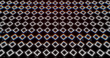 Siyah arkaplanda dönen karelerin resmi. Renkler, şekiller, hareket ve soyutlama konsepti dijital olarak oluşturuldu.