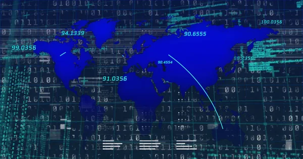 Bild Der Interferenz Über Weltkarte Und Datenverarbeitung Auf Schwarzem Hintergrund — Stockfoto