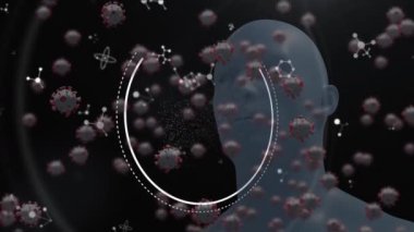 Dna structure over covid-19 cells and molecular structures floating against human face model. Medical research and science technology concept