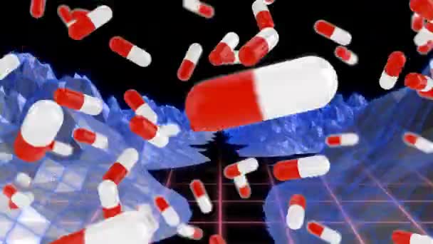 Анімація Червоних Білих Таблеток Падають Над Метафізичним Ландшафтом Здоров Медицина — стокове відео