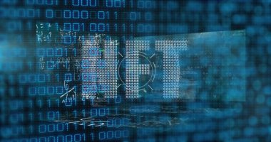 Kapsamlı tarama ve kara arkaplan üzerinde veri işleme üzerine nft metin resmi. Küresel teknoloji, bilgisayar ve dijital arayüz kavramı dijital olarak oluşturulmuş görüntü.