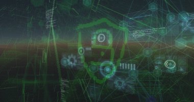 Karanlık arka planda veri işleme ve güvenlik kilidi görüntüsü. Küresel bağlantılar, veri işleme ve dijital arayüz konsepti dijital olarak oluşturulmuş resim.