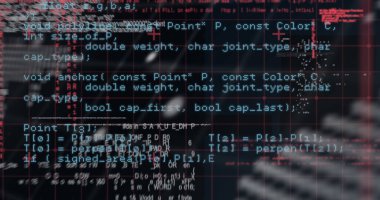 Siyah arkaplan üzerinde veri işleme resmi. Küresel teknoloji, bilgisayar ve dijital arayüz kavramı dijital olarak oluşturulmuş görüntü.