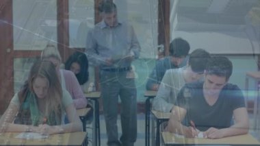 Network of profile icons against male caucasian teacher and diverse group of students at college. Global networking and education technology concept