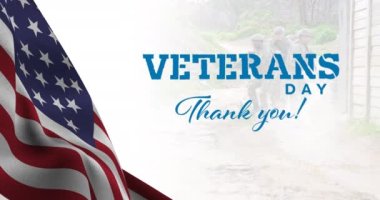 Gaziler günü metinlerinin canlandırılması ve askerlerin bayrağını sallaması. Gaziler günü konsepti dijital olarak oluşturulmuş video.