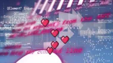 Finansal veri işleme ve düşen kalplerin mavi arka planda canlandırılması. Dijital olarak oluşturulmuş küresel bağlantılar, veri işleme ve dijital arayüz kavramı.