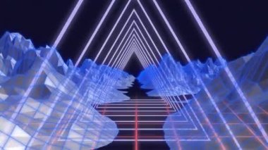 Meta-evren üzerindeki neon üçgenlerin videosu. Renkler, şekiller ve hareket konsepti dijital olarak oluşturulmuş video.