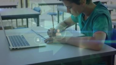 Animation of network of connections over caucasian student using technology. School, education and study concept digitally generated video.