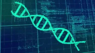 DNA ipliği üzerinde veri işleme animasyonu. küresel bilim, araştırma, dijital arayüz ve dijital olarak oluşturulmuş veri işleme kavramı.