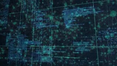 Karanlık arka planda veri işleme ve bağlantı ağının animasyonu. Dijital olarak oluşturulmuş küresel bağlantılar, veri işleme ve dijital arayüz kavramı.