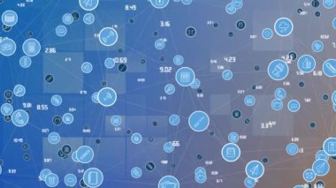 Digital animation of network of digital icons over abstract square shapes against blue background. Computer interface and business technology concept