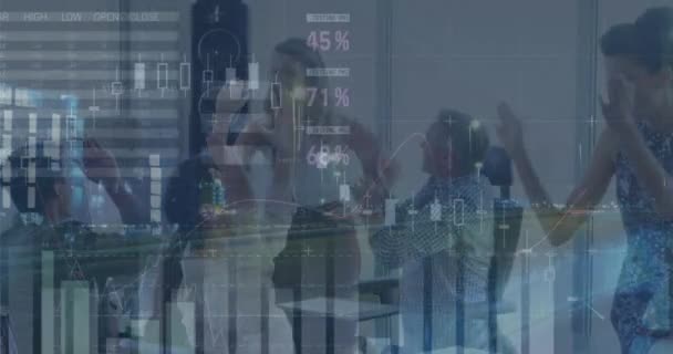 Animation Financial Data Graphs Diverse Businesspeople Finance Economy Business Concept — Vídeo de Stock