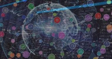 Dünya ve veri işleme üzerindeki simgelerle bağlantı ağının resmi. Küresel bağlantılar, hesaplama ve dijital arayüz konsepti dijital olarak oluşturuldu.