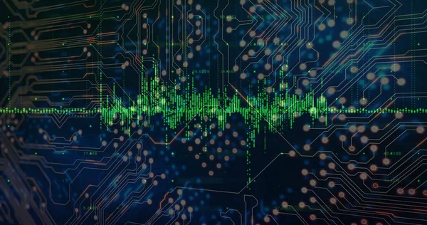 Image of financial data processing over computer circuit board on black background. Global finances, computing and digital interface concept digitally generated image.