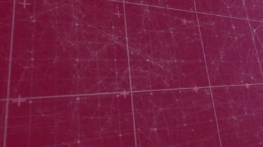 Kırmızı arkaplan üzerinde veri işleme ve bağlantı ağının animasyonu. Dijital olarak oluşturulmuş küresel bağlantılar, veri işleme ve dijital arayüz kavramı.