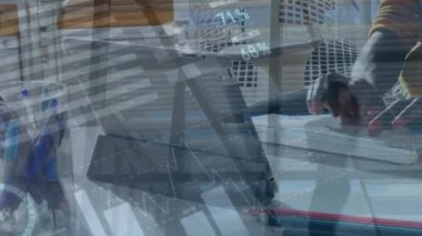Animation of financial data and graphs over hands of afrcian american man using computer. Business, finance, web development, finance and technology concept digitally generated video.
