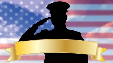 Animation of soldier on usa flag over cloudy sky. Veterans day concept digitally generated video.