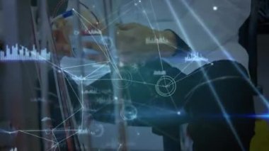 Network of connections and data processing over biracial male scientist working at a laboratory. Medical research and science technology concept