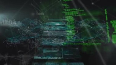 Animation of network of connections with icons and data on moving screens over black background. Data processing, connections and technology concept digitally generated video,