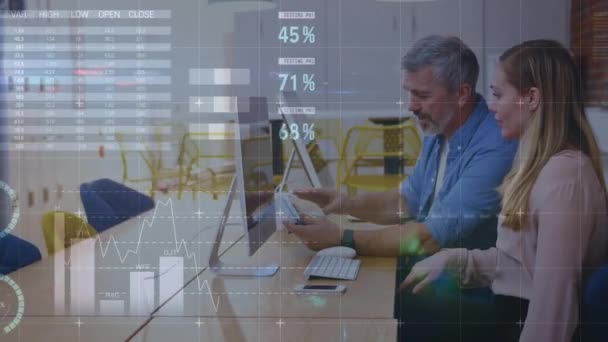 Animación Datos Financieros Gráficos Sobre Diversos Compañeros Trabajo Femeninos Masculinos — Vídeo de stock