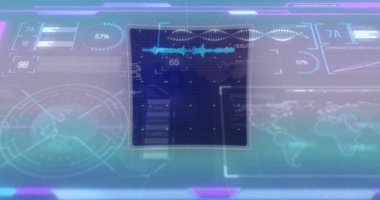 Mavi arkaplan üzerinde hareket eden ekranların veri işleme görüntüsü. Küresel bağlantılar, veri işleme ve dijital arayüz konsepti dijital olarak oluşturulmuş resim.