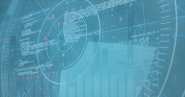 Şehir manzarası üzerinde simge ve kapsam taraması yapan bağlantı ağının resmi. Küresel iş ve dijital arayüz kavramı dijital olarak oluşturulmuş görüntü.