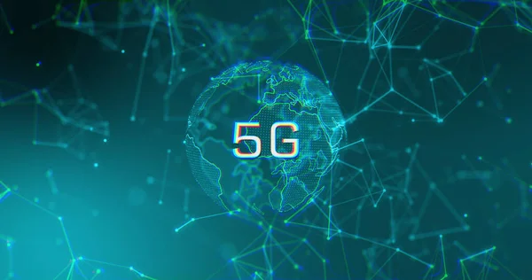 Image of rotating globe, connections and 5g on blue background. Network, connections, communication and technology concept digitally generated image.