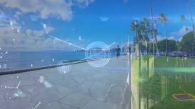 Gezinti güvertesinde koşan Asyalı adam üzerindeki bağlantı ağının animasyonu. Spor, fitness, aktif yaşam tarzı ve bağlantı konsepti dijital olarak oluşturulmuş video.