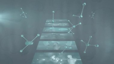Animation of falling molecules over moving screens. global science, connections, data processing and digital interface concept digitally generated video.