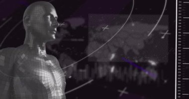 Kapsam taraması ve insan vücudunda veri işleme animasyonu. Küresel bilim, araştırma, dijital arayüz ve dijital olarak oluşturulmuş veri işleme kavramı.