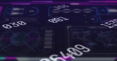 Mavi arkaplan üzerinde hareket eden ekranların veri işleme görüntüsü. Küresel bağlantılar, veri işleme ve dijital arayüz konsepti dijital olarak oluşturulmuş resim.