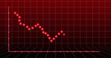 Finansal grafik kırmızı arkaplanda. Matematik, istatistik, finans, ekonomi ve teknoloji konsepti dijital olarak oluşturulmuş görüntü.