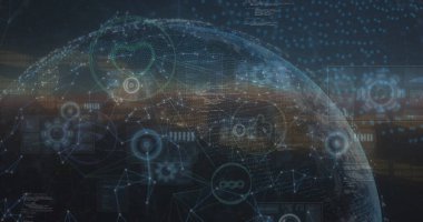 Veri işleme ve dünya üzerindeki bağlantı ağının resmi. Küresel iş, finans ve dijital arayüz kavramı dijital olarak oluşturulmuş görüntü.