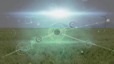 Rüzgar türbinlerinin üzerindeki simgelerle bağlantı ağının animasyonu. Küresel çevre, yeşil enerji ve bağlantılar dijital olarak oluşturulmuş video konsepti.
