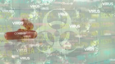 Mali veriler yerine virüs, biyolojik tehlike ve hapların animasyonu. küresel covid 19 salgını, bilim ve teknoloji konsepti dijital olarak oluşturulmuş video.
