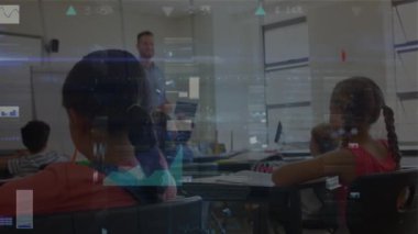 Animation of graphs and data over caucasian male teacher and class of diverse pupils. School, education and finance concept digitally generated video.